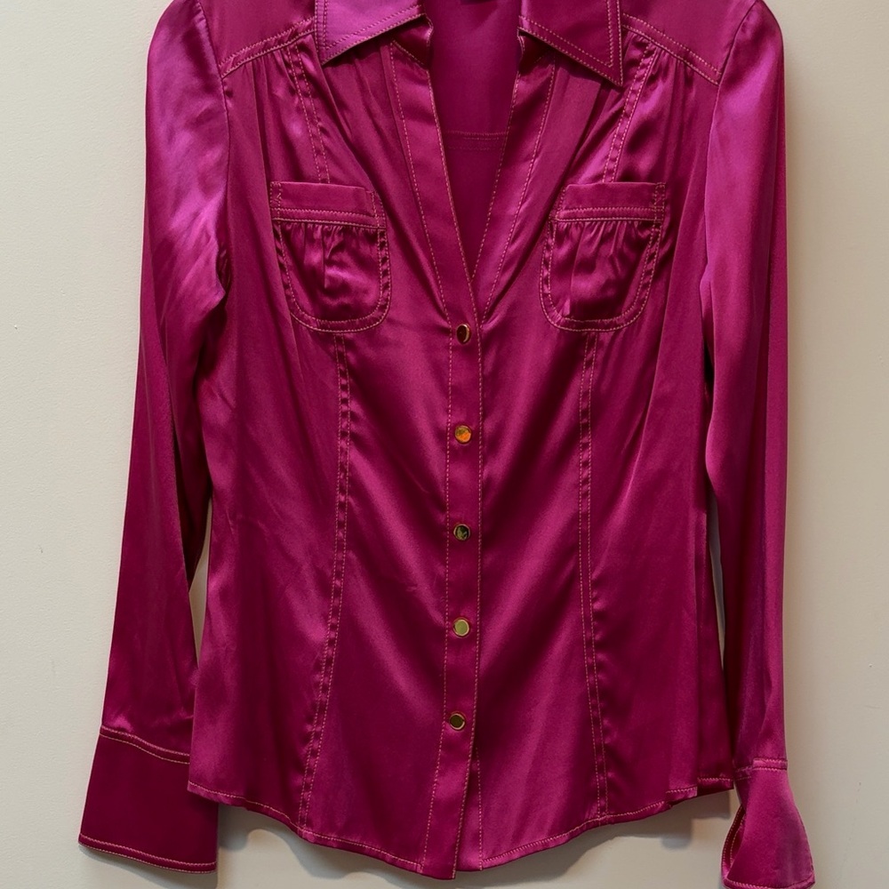 Cache Fuchsia Satin Button-Down Shirt Y2K‎